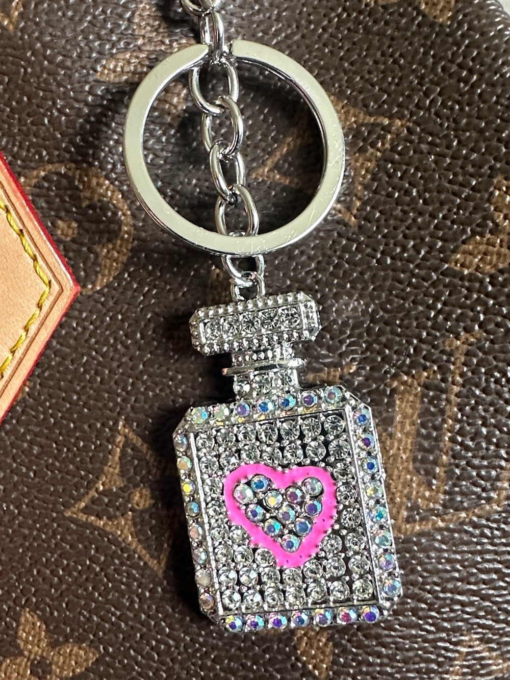 NWT Silver Bag Charm Keychain Crystal Perfume Bottle w/ Hot Pink Enameled Heart